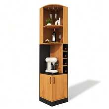 Corner Wine Cabinet 40*40*182cm With Glass Rack, Tall Corner Storage System For The Kitchen, With Bottle Rack And Doors, Freestanding, Space-Saving Bar Counter, Suitable For The Dining Room, Kitchen And Living Room - Natural Color - View 1