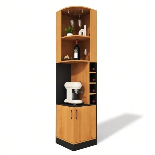Corner Wine Cabinet 40*40*182cm With Glass Rack, Tall Corner Storage System For The Kitchen, With Bottle Rack And Doors, Freestanding, Space-Saving Bar Counter, Suitable For The Dining Room, Kitchen And Living Room - Natural Color - View 1
