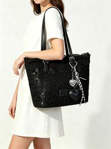 Tote Bag, Exquisite Lace Trim Outlining The Bag Opening Edge, Three-Dimensional Floral Pattern Design With Strong Atmosphere, Adjustable Shoulder Strap Allows You To Change Carrying Length At Will. Paired With Heart Pendant Decor To Add Lively Details, Spacious Interior Provides Ample Storage Space, Suitable For Shopping, Travel, Daily Commute, Easily Creating A Gentle And Romantic Outfit Effect. - Black - View 6