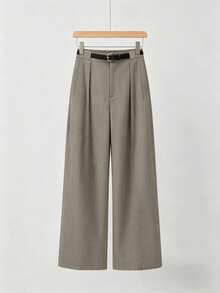 Mid-Rise Solid Color Elegant Straight-Leg Pants With Belt Spring - Camel - View 2
