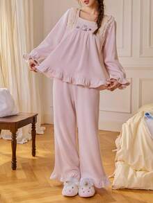 Gongdie 2 Pieces Miffy Women Fleece Pajama Sets,Winter Pink Soft Warm Loungewear With Lace Square Neckline And Ruffle Hem - Pink - View 4