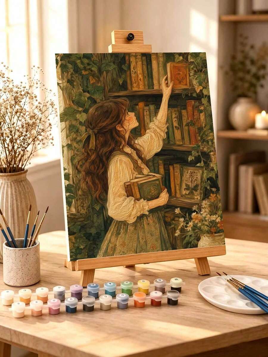 DIY Aesthetic Vintage Girl Reading In Library (Frameless Or Framed 8x12 / 16x20 Inches) Paint By Numbers Kit(Acrylic) Arts & Crafts For Adult Beginners, Home Wall Decor, And Unique Holiday Gifts - Sets - View 1