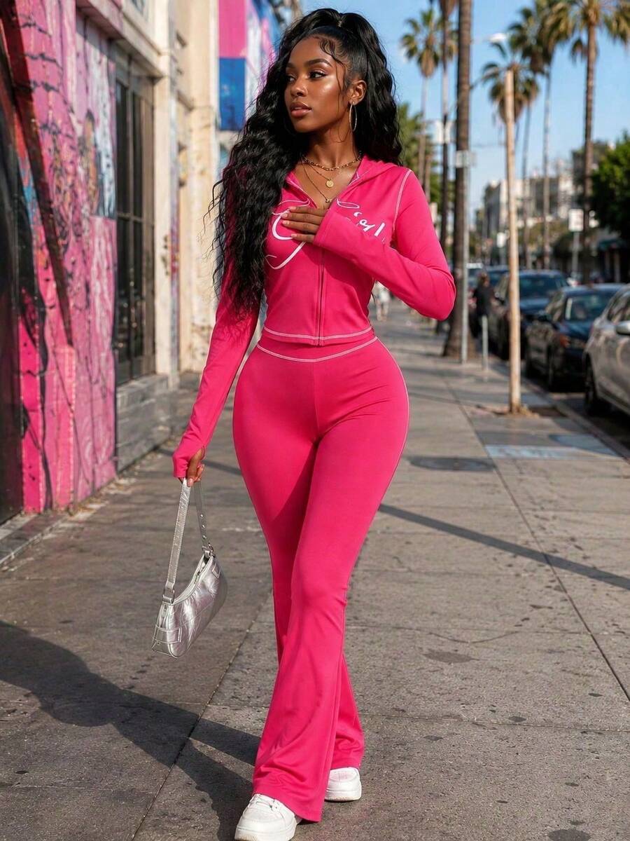 FQLWL Y2K Printed 2-Piece Casual Street Style Women's Outfit, Summer Long Sleeve Zip-Up Cropped Hoodie And Pants Set Spring Elegant - Rose Red - View 1