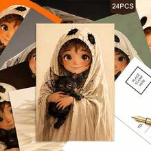24pcs+1 Red Envelope Cute & Quirky Halloween Postcards, Girl Holding Black Cat Design With Boo Text, Suitable For Friends, Halloween Themed Artistic Style Greeting Cards - Sets - View 7