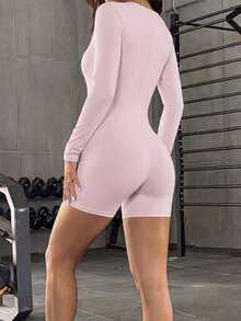 NOIRLYN Women's Fall Winter Sexy Sweetheart Neck Ruched Front Long Sleeve Jumpsuit, Fitted Butt‑Lifting Y2K Gym Romper With Built‑In Bra - Pink - View 2
