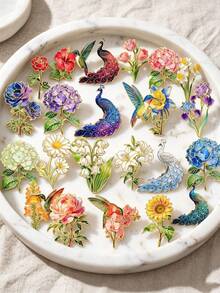 10pcs Random Style Flower Bird Peacock Brooch Set, Multiple Floral Hummingbird Peacock Designs Randomly Matched, Versatile Decorative Accessories For Coats Shawls Jackets - 10pcs Random Styles - View 2