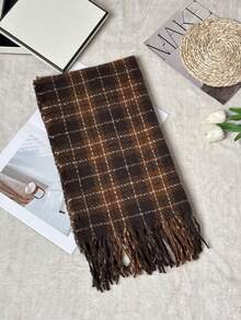 1pc Women's Autumn/Winter Shawl Scarf, Color Block Plaid With Tassels - Bitter Almond - View 4