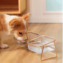 15° Tilted Elevated Double Cat Bowl, Rose Gold Iron Frame Transparent Striped Pet Food & Water Feeder, Neck-Protecting Raised Anti-Slip Anti-Spill Feeding Bowl, Suitable For Cats, Kittens, Small Dogs And Other Pets Home Feeding Set - Large Capacity - View 7
