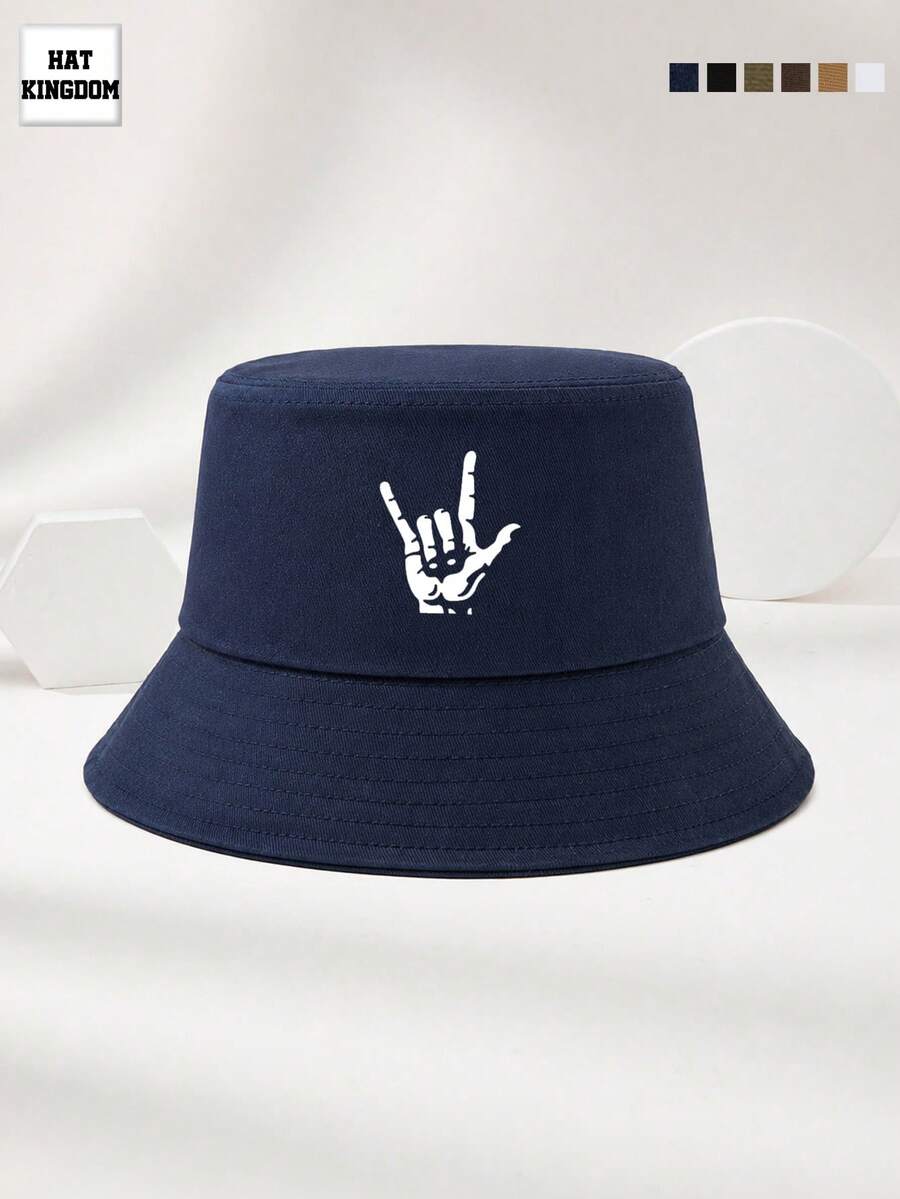 1pc Unisex Rock Gesture Black Outdoor Casual Fashion Adjustable Bucket Hat - Multicolor - View 1