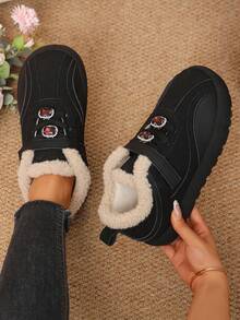 Women's Solid Color Faux Suede Low-Top Ankle Boots, Faux Fur Trim Collar, Rhinestone Decorated Buckle, Hook And Loop Strap, Thick Platform Flat Sole - Black - View 2