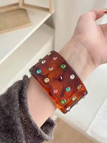 1pc Fashionable Retro Colorful Rhinestone C-Shaped Resin Bracelet, Cute Vacation Fresh Highly Attractive Women's Bangle - Bracelet - View 3