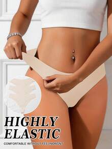 3pcs Seamless Thong Panties Breathable And Comfortable High Elasticity Solid Color Women's Underwear Quick Dry Suitable For Daily Wear - Apricot - View 4