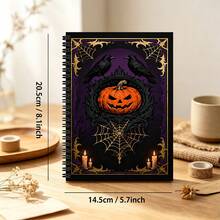 A5 Spiral Notebook, 100 Pages, 50 Sheets, 2D Flat Vintage Gothic Halloween Art, Jack Pumpkin, Black Crow, Golden Spider Web And Candle, Deep Purple-Black Background, Lined Writing Planner, For Daily Journaling, Classroom Notes, School And Office Use, Magic Dark Aesthetic Stationery Gift For Halloween Enthusiasts - N - View 2