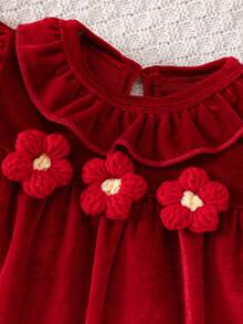 Baby Girls Cute Ruffled Collar 3D Floral Decor Ruffle Long Sleeve Solid Color Footed Gold Velvet Romper - Red - View 6