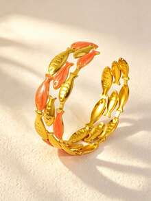 VceTd 1 buah Gelang Bangle Terbuka Stainless Steel Desain Ikan Enamel Warna-warni Gaya Lucu untuk Wanita, Cocok untuk Pernikahan, Perjalanan atau Hadiah Hari Valentine untuk Orang Tercinta - Yellow Gold - View 11