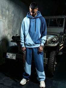 Men's Blue Contrast Wave Patchwork Hoodie Sweatshirt Set, Loose Drawstring Hooded Top And Straight Leg Sweatpants 2 Pieces Set - Dusty Blue - View 2
