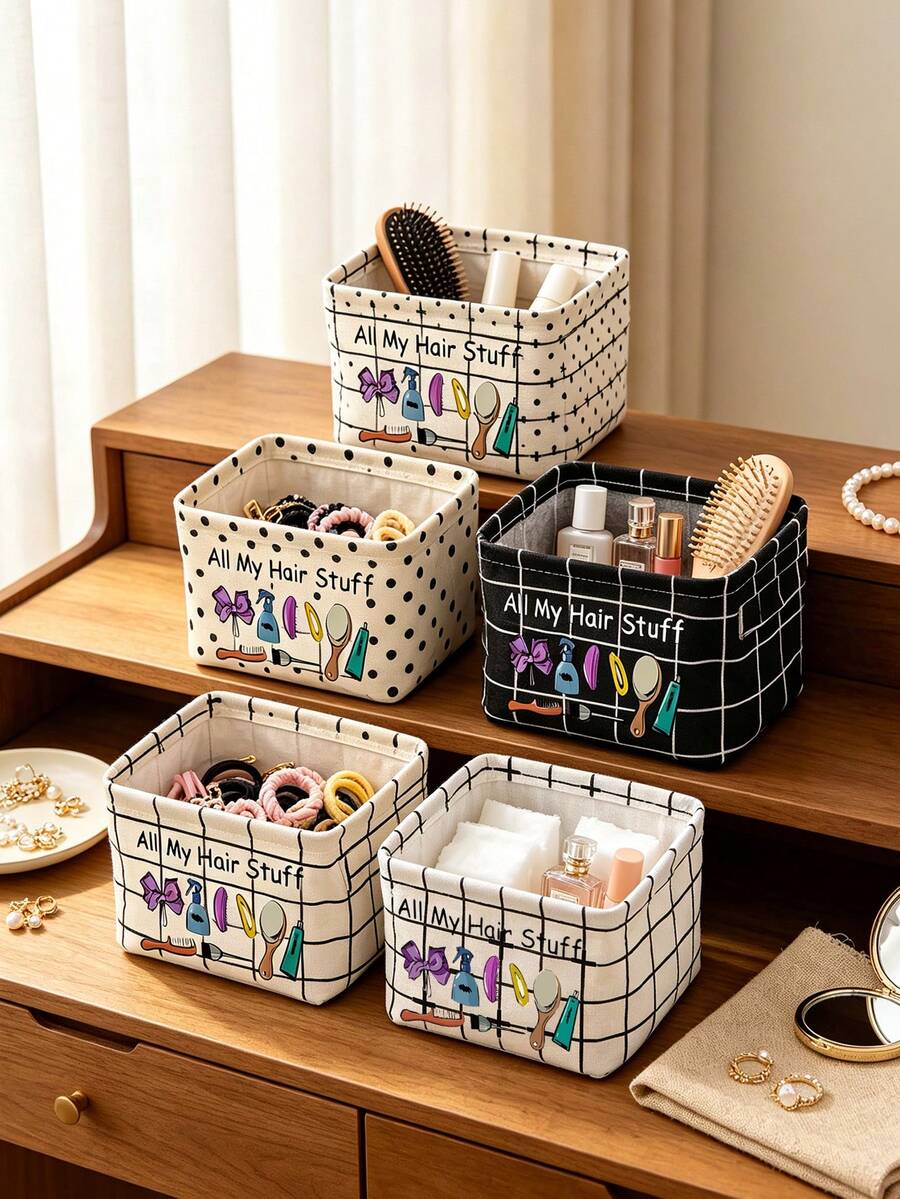This Minimalist Fabric Desktop Storage Box Features Side Handles And Serves As An Organizer For Cosmetics And Hair Accessories, Or As A Container For Everyday Small Items; It Makes An Ideal Gift For Halloween Or Christmas. - Multicolor - View 1