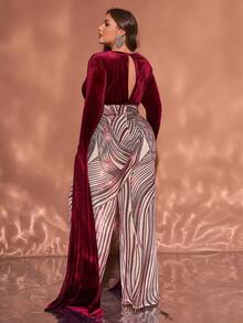 Jumpsuit dài size lớn siêu dài thanh lịch, tay xẻ, cổ V sâu, hở lưng, đính sequin phối mảng cho tiệc tối - Đỏ - Xem 5
