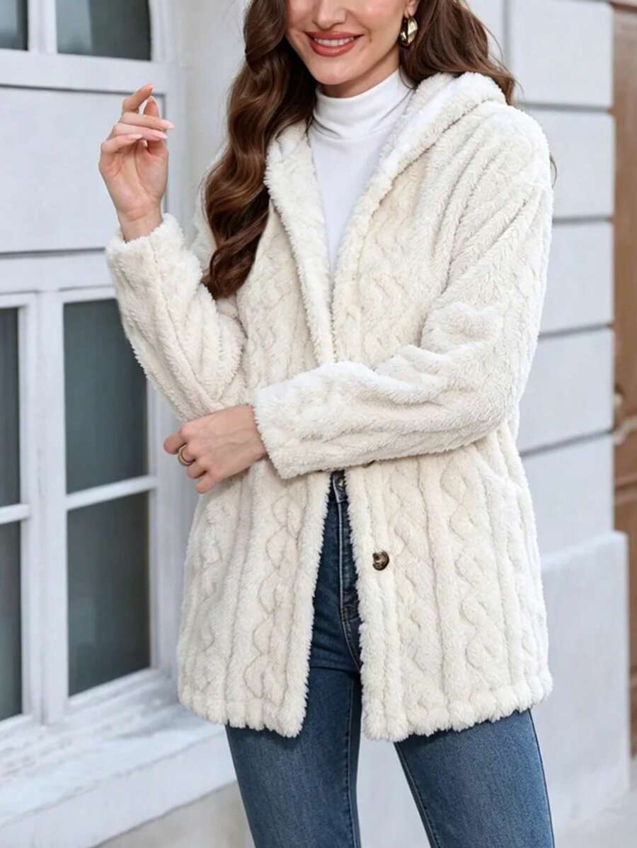1pc Solid Color Polyester Button Women's Jacket For Home, Vacation, Campus, Daily, Streetwear, Autumn/Winter - Off-white - View 1