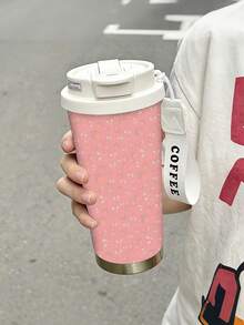 1pc/5pcs 500ml Pink Strawberry Floral Travel Mug, Double-Wall Stainless Steel Insulated Cup, Sweet Seamless Small Strawberry Print Design, Portable Coffee Cup With COFFEE Printed Lanyard, Suitable For Daily Commute - Pink-strawberry - View 7