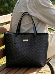 Men Monogram Tote Bag, Large Capacity Business Shoulder Bag, Classic Pattern Work Office Handbag For Daily Commute Travel - Black - View 8
