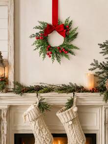 1/2/3pcs Christmas Wreath Garland, Artificial Cedar Wreath With Bows And Red Berries, Holiday Wall Door Decor For Home Party - Multicolor - View 7