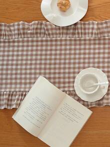 1PC French Vintage Washed Cotton Plaid Frill Trim Table Runner, Suitable For Outdoor Restaurant, Holiday Party, Garden Restaurant, Kindergarten Dining Table, Daily Home Tablecloth Decoration - Mocha Brown - View 4