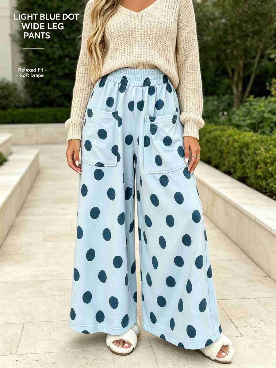 Women's Light Blue Polka Dot Wide Leg Pants, Loose-Fitting Plus-Size Casual Streetwear, Suitable For Back-To-School Shopping, Soft Draped Clothing. - Sky Blue - View 1