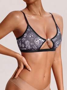 Halloween Fashion Dark Style Printed Women's Bra, Hollow Out Sexy Comfortable Lingerie - Black - View 5