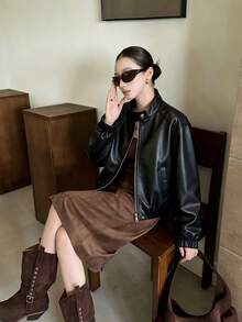Women's New Autumn Vintage Leather Jacket, Fashionable Small Stand Collar, Commute Versatile, Faux PU Casual Coat, Daily Vacation, Comfortable And Stylish - Black - View 5