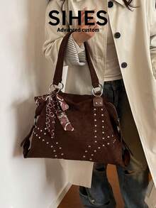 1pc Solid Color Suede New Women's Backpack, Shoulder Bag, Rivet Design, Fashionable Large Capacity Tote Bag, Suitable For Commuting, Shopping, Dating - Coffee - View 2