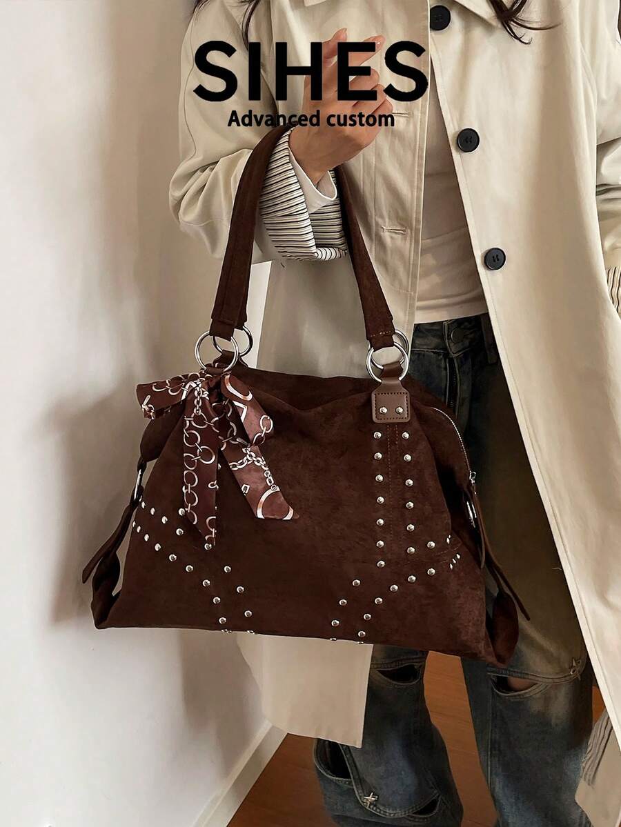 1pc Solid Color Suede New Women's Backpack, Shoulder Bag, Rivet Design, Fashionable Large Capacity Tote Bag, Suitable For Commuting, Shopping, Dating