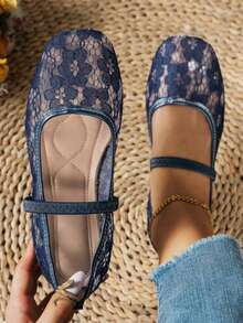 Women's Dark Blue Lace-Up Mary Jane Ballet Flats Square Toe Buckle Strap Casual Shoes - Navy Blue - View 6