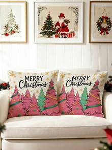 1/2/4Pcs Merry Christmas Pink Tree Pillow Cover, Gold Snowflake Vintage Farmhouse Cushion Case, Colorful Xmas Holiday Sofa Throw Pillowcase (No Insert) - Multicolor - View 10
