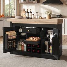 360° Rotating Kitchen Island And Sideboard 120–197 Cm With Patchwork Doors, Removable Wine Rack And Drawers, 2 Colors (Light Oak / Black) - Black - View 4