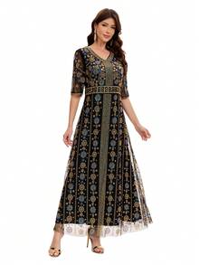 JINLICX Elegant Heavy Beaded V-Neck Half Sleeve Mesh Maxi Dress Formal Wedding Evening Gown - Black - View 3
