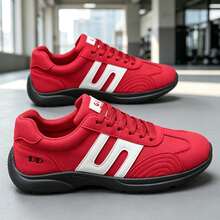 Men's Running Shoes Retro Style, White Contrast Color Striped Lace-Up Soft Sole Casual Sports Shoes - Red - View 5