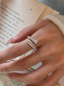 1pc Fashionable Luxury Cubic Zirconia Faux Pearl Open Ring Suitable For Women's Party And Gathering Wear - Silver - View 4