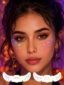2Pcs Holographic Halloween Face Temporary Tattoos, Spider Web Scar Bat Star Combo Design, Waterproof Long‑Lasting For 2‑5 Days - Multicolor - View 4