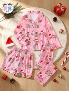 3pcs/Set Girls Casual Christmas Cartoon Capybara Print Lapel Long Sleeve Cardigan And Shorts/Pants Pajama Set Flame Retardant Christmas All Season - Pink - View 1