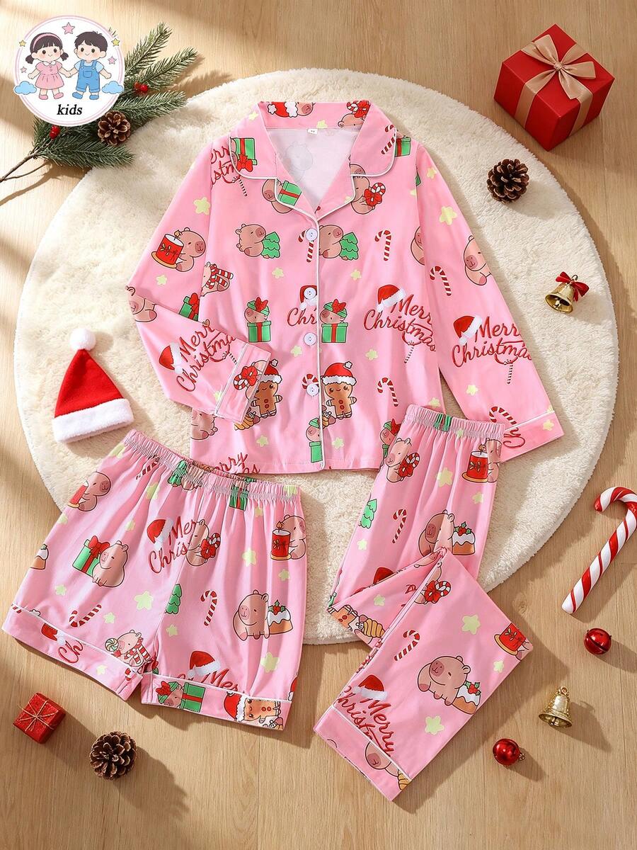 3pcs/Set Girls Casual Christmas Cartoon Capybara Print Lapel Long Sleeve Cardigan And Shorts/Pants Pajama Set Flame Retardant Christmas All Season - Pink - View 1