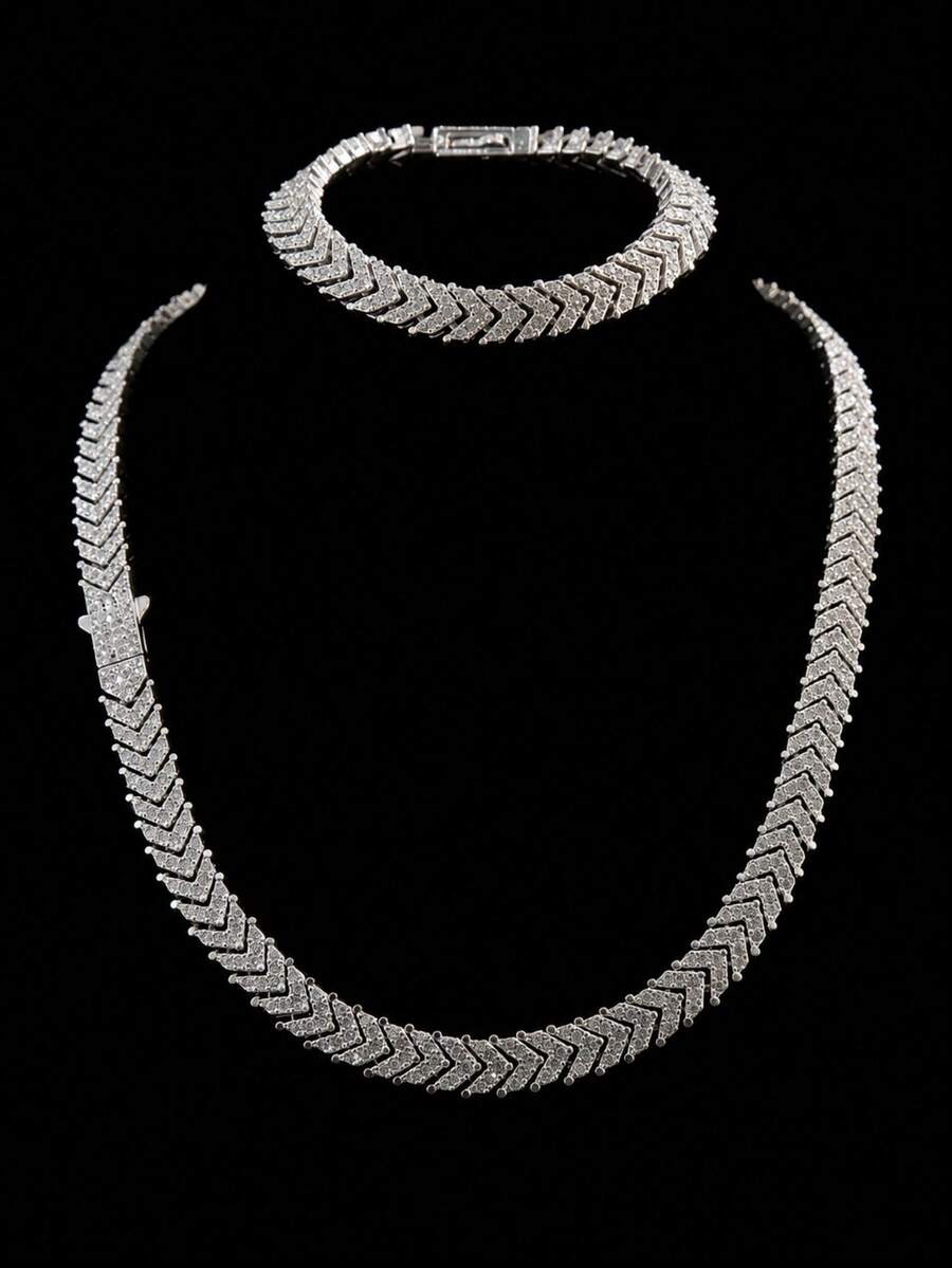 Hip Hop Full Rhinestone Fish Tail Fish Bone Pave Necklace & Bracelet Set, Silver-Tone Rhinestone V-Shaped Chain, Street Rap Unisex Versatile Cool Accessory Gift - Fishbone Chain - View 1