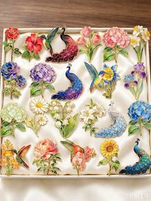 10pcs Random Style Flower Bird Peacock Brooch Set, Multiple Floral Hummingbird Peacock Designs Randomly Matched, Versatile Decorative Accessories For Coats Shawls Jackets - 10pcs Random Styles - View 7