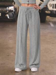 Never me Women's Sports Long Pants Yoga Pilates Loose Wide Leg Fit Elastic Waist Drawstring Design Side Pockets - Light Grey - View 5
