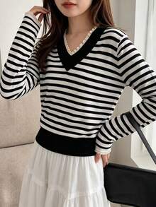 Chic Women's Knitted Long Sleeve Top Featuring A Contrast Collar, Regular Length, And Comfortable High Stretch For Autumn - Black - View 3