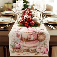 1pc Pink Santa Claus Christmas Ball Pine Branch Berry Gift Snowflake Print Rectangular Table Runner, Christmas New Year Decoration Tablecloth, Suitable For Kitchen Dining Table Home Holiday Decor, Indoor Outdoor Family Gathering Party Supplies - Pink - View 5