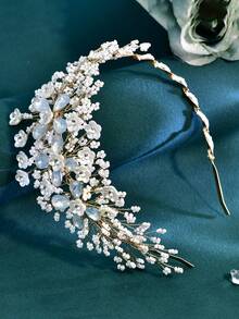 1pc Handmade Rhinestone Flower Crystal Beaded Headband, Fashionable Charming Wedding Bridal Hair Accessory, Women's Daily Party Headpiece - Gold - View 3