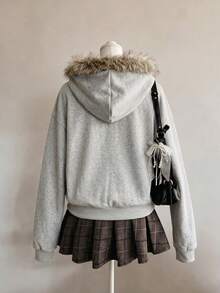 Lurzo Teen Girls Autumn/Winter Warm Hooded Fleece Collar Zip-Up Jacket, NYC Pattern + Thick Fleece Hooded Jacket, Thick, Warm And Comfortable, Suitable For Autumn/Winter Wear - Grey - View 7
