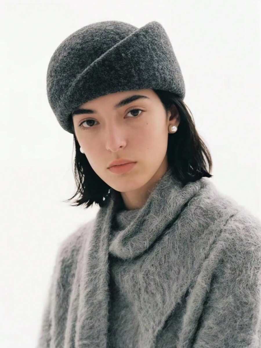 Vintage Gray Wool Beret Hat French Style Solid Color Elegant Adjustable Flat Cap For Women Autumn Winter - Grey - View 1