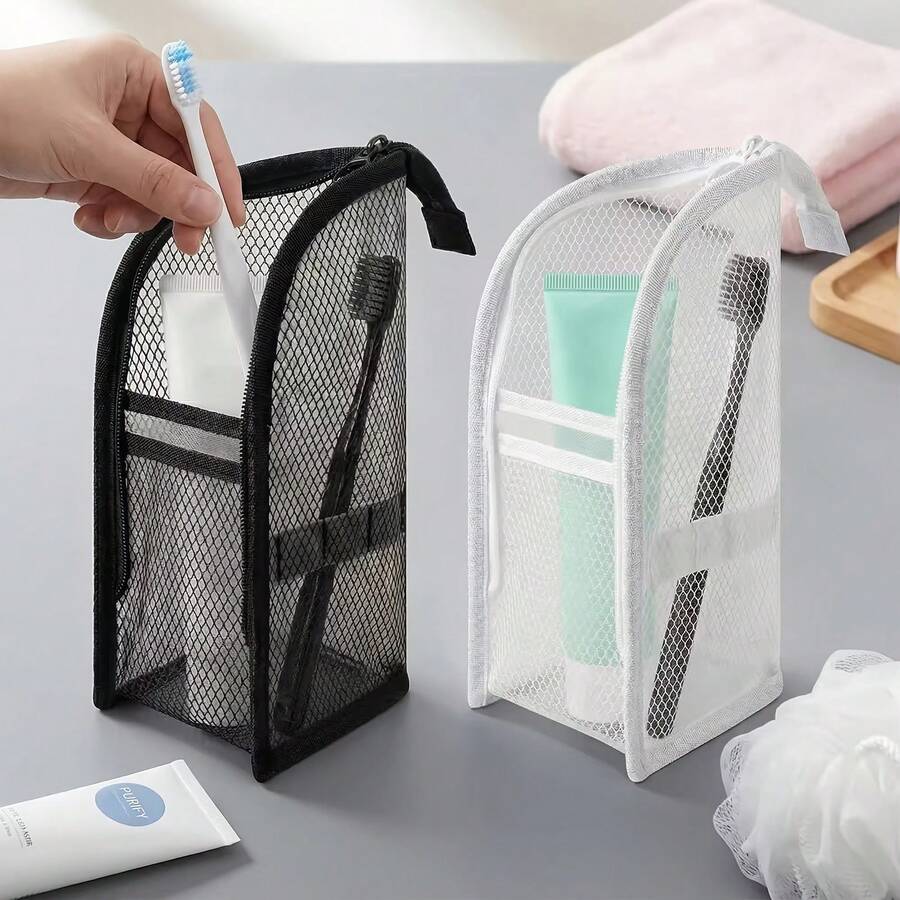 1pc Portable Mesh Toiletry Bag, Small Travel Toothbrush Storage Bag, Multi-Functional Makeup Brush Organizer, Cosmetic Carry-On Storage Bag - Multicolor - View 1